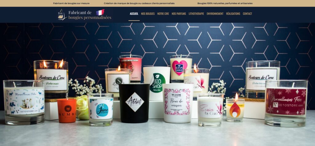 Fabricant de bougies, propose aux professionnels de créer leur propre marque de bougies naturelles personnalisées Ce site internet est résolument tourné vers la présentation des produits et des options de personnalisation disponibles, afin de pouvoir présenter au mieux au client final les possibilités qui lui sont offertes.
